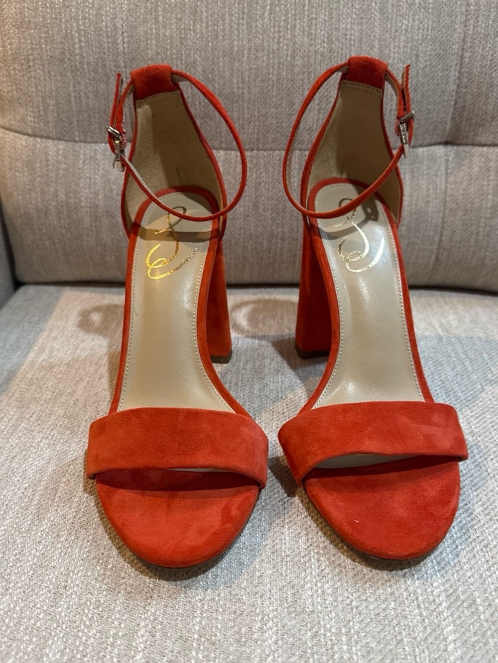 Orange Suede Block Heel Ankle-Strap Sandals